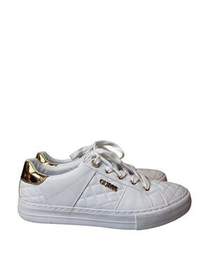 Guess Loven Sneakers Womens 9.5 White Gold Logo Lace Up Low Top Casual Shoes
